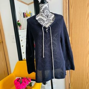 PROJECT Women’s Open Knit Crochet Navy Blue Lace Up Tunic Sweater